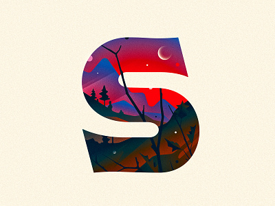 S 36 days of type 36daysoftype design drop cap dropcap dusk illustration illustrator letter lettering moon mountains sunset texture type typography vector