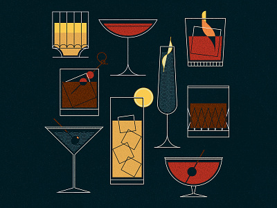Cocktails alcohol bourbon cocktail gin illustration illustrator martini midcentury midmod modern negroni old fashioned rob roy sazerac texture vector vodka whiskey