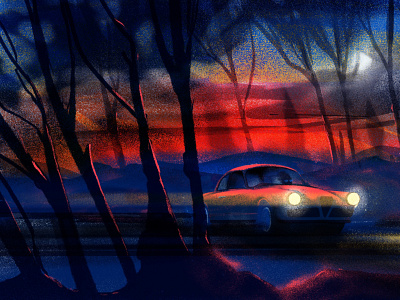 night drive car contrast coupe drawing driving dusk forest illustration illustrator ipad mood night procreate trees