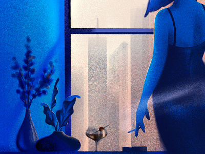 apartment window blue cigarette city cocktail contrast dress editorial fiddle leaf illustration illustrator ipad light manhattan mood plant procreate skyline vase window woman