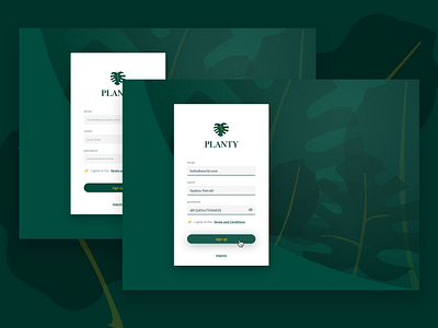 Sign-up form for "planty" daily ui 001 dark green leaves sign up form ui design web design