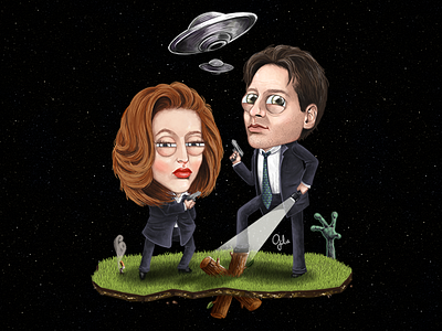 Lil' Scully & Mulder aliens digital art extraterrestrial fan art gulce baycik gülce baycık illustration mulder scully smoking man ufo xfiles