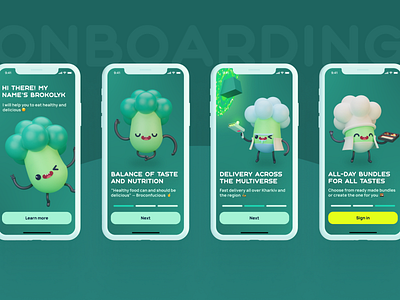 Zelena Zona — Onboarding (english) 3d app blender broccoli character delivery food green illustration mobile onboarding splash start ui ukraine ux
