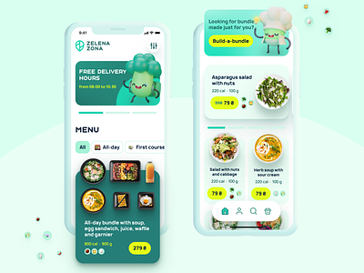 Zelena Zona —Home screen (english) 3d app character delivery food green healthy illustration menu mobile ui ukraine ux vegan