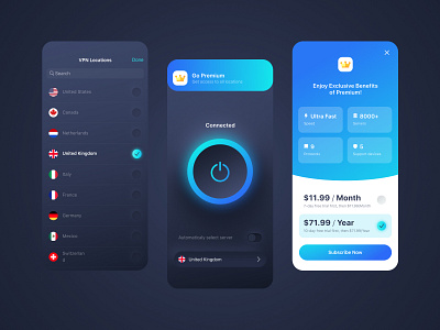 VPN Server iOS App app application blue clean ui concept dark interface ios neomorphism presentation ui ux vpn app