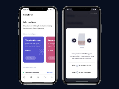 An app to control your "smart assisting" Calmi device android app app design calmi cards cards ui clean clean ui control internetofthings ios iot light minimalism minimalistic mobile smarthome sound ui ux