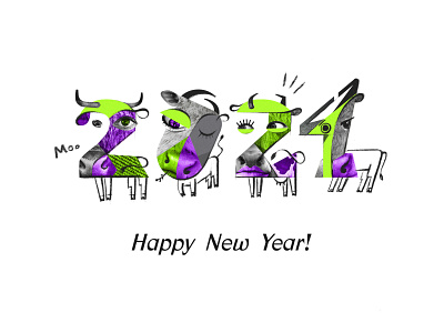 Bulls and cows 2021 2021 bull chinese zodiac collage cow cows graphic design greeting card illustration
