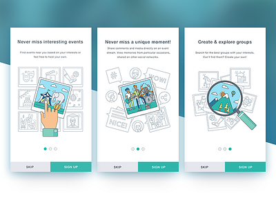 Walkthrough illustrations for an event mobile app event event app events fun groups illustrations joy jujus mobile app onboardings stream walkthroughs