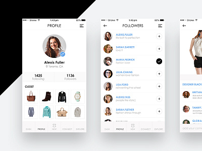 Fashion Circle App UI/UX app ui apparel app black and white fashion followers ios minimal profile ux