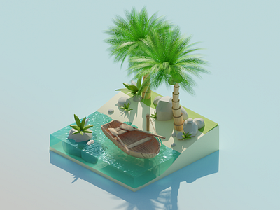 Wooden boat on tropical island 3d 3d art b3d blender blender 3d blender3d boat illustration island low poly lowpoly render summer tropical