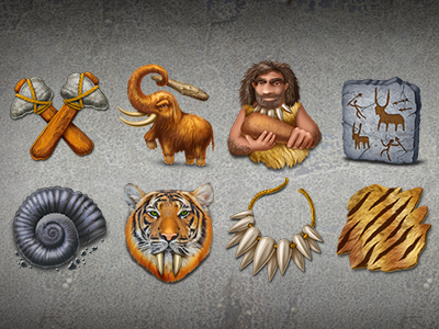 Stone Age icon set age art axe cave game icon mammoth man mollusk necklace stone tiger