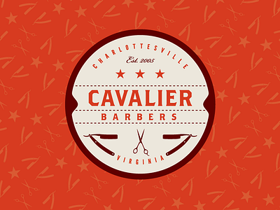 Cavalier Barbers barber shop circle crest hair logo razor red shave shears star vintage