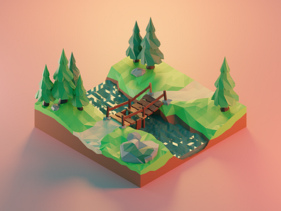 Forest Bridge 3d blender blender 3d blender3d bridge cycles diorama forest illustraion low poly low poly lowpoly render