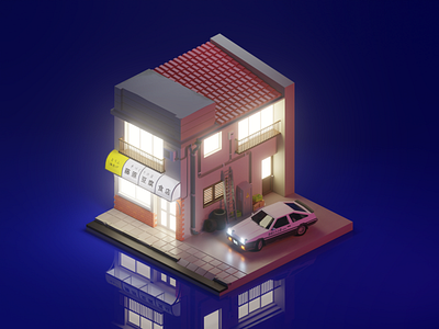 Fujiwara Tofu Store Midnight 3d 3d illustration art blender blender 3d blender3d blendercycles car cycles cycles render cyclesrender diorama illustraion isometric isometry japan low poly low poly lowpoly render