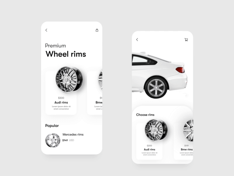 Wheels Shop app - Ar interaction experience after effects animation app branding car design gif graphic graphic design interaction interaction design microinteraction minimal mobile motion motion design rims ui ui animation ux