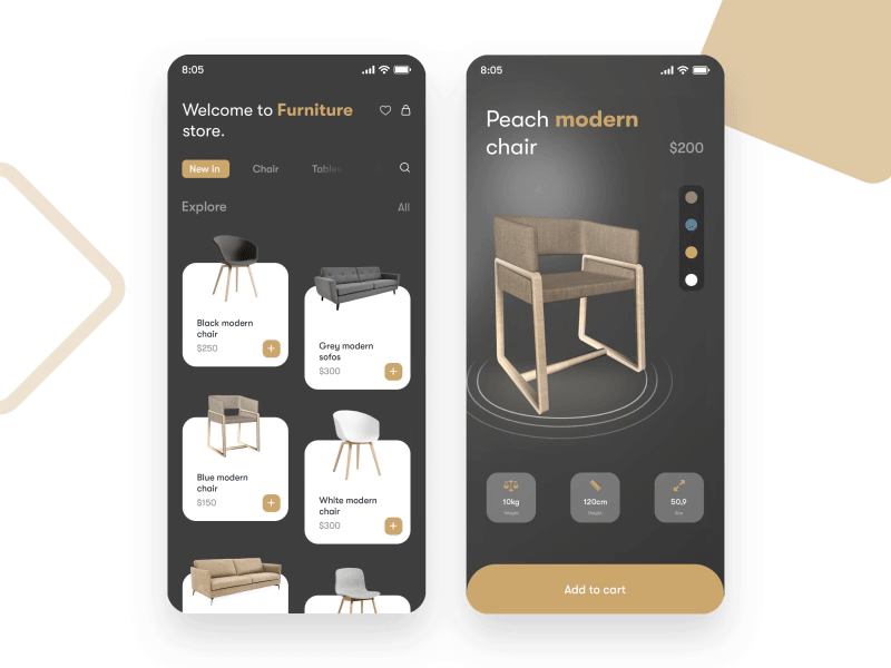 Furniture Store Mobile - 3D animation 3d after effects animation app chair app cinema 4d design dribbble graphic graphic design illustration interaction interaction design microinteraction minimal motion motion design photoshop ui animation ui design