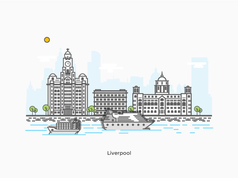 Liverpool Waterfront boat buildings city flat illustration liver building liverpool river skyline three graces uk vector