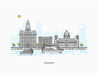 Liverpool Waterfront boat buildings city flat illustration liver building liverpool river skyline three graces uk vector