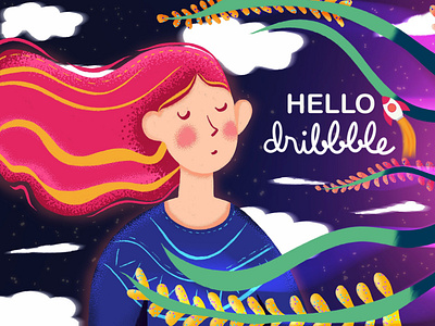 Hello Dribbble! colorful digitalart dribbble invite girl grainy hello dribble illustraion illustration pixel plants procreate
