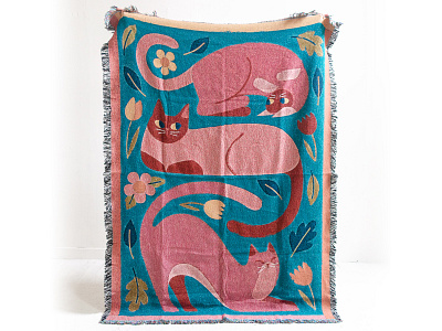 Three Cats Throw blanket cat cats cosy design designart flowers illustrated goods illustration interior decor leaves nature product soft furnishing textiles throw