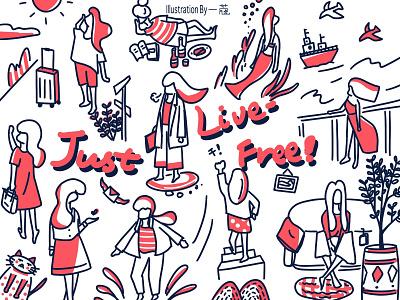 Live free doodle girl character illustration line art