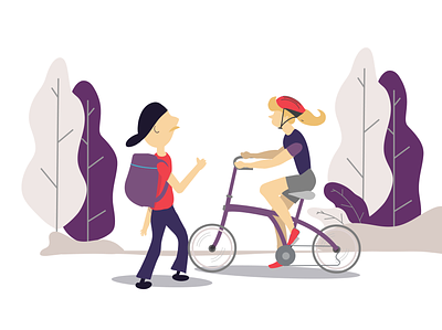 Afternoon park situation. People Cycling and walking around. app bike brompthon character cycling design flat fnhon folding home illustration peoples purple ui walk web design