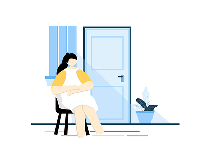 Stay Home. Physical distancing app blue character flat home illustration landing page sitting ui vector web woman
