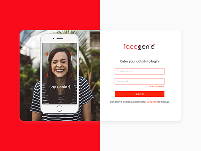 FaceGenie | Login Screen ai app artificialintelligence authorization camera design facialrecognition login login form oauth photograph signup ui ux