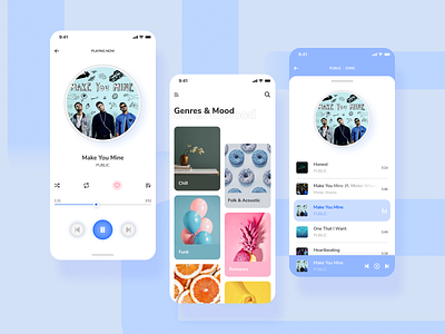 Music Player - Mobile App blue blue and white clean clear colorful colour genre genres music music app music art music player musician playlist ui ui design uiux ux ux design white