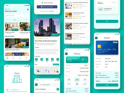 Hotel Booking - Mobile App booking clean green hotel hotel app hotel booking ios login maps payment receipt room rounded ui ui ux uidesign uiux user ux uxdesign