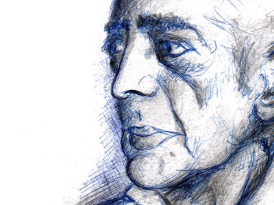 Krishnamurti biro black blue grey indian ink pen philosophy portrait sketch