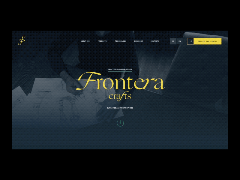 Frontera Crafts – Trophy making company website animation company dark blue design desktop figma homepage principle trophy ui web yellow