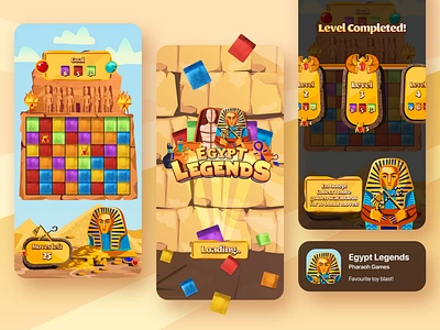 Egypt Legends: Toy Blast Game cubes desert design egypt egyptian figma game illustration levels match 3 mobile orange pharaoh play pyramids scarabaeus splash screen toy blast ui