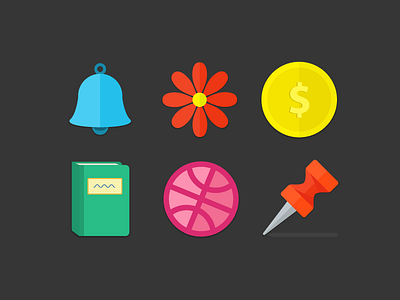 Flat Icons ball bell book bright coin colorful colors dribbble flat flower icons illustrator minimal money pin post set
