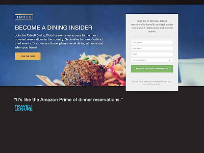 Landing page for private dining service
