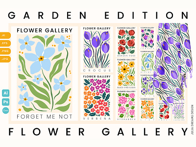 Flower Gallery Garden Edition bluebell commercial use crocus digital paper floral flowers forget me not lavender png poppy poster print seamless pattern snowdrop spring summer vector wall art water lily wild pansy