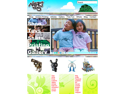 Nori Toy Homepage mockup cartoon cute screen printing site store type web page webdesign
