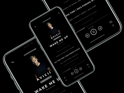 LegendSound | MusicPlayer UI app app design appui appuidesign avicii black and white branding dark app dark ui design music music app music player ui uidesign uiux ux web design website concept