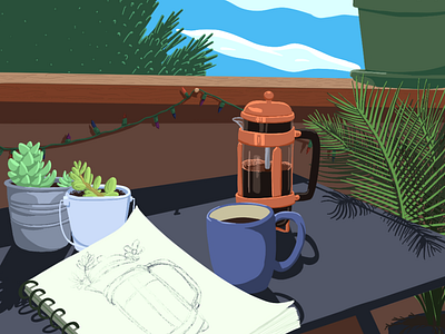 Drawing on the balcony balcony coffee french press illustration outdoor procreate sketch still life succulent