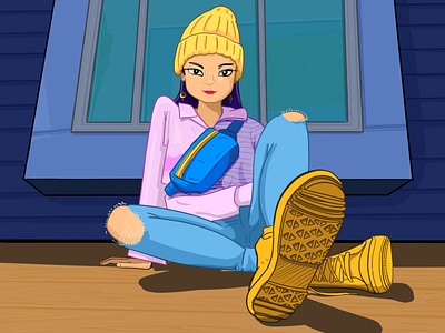 Hanging out in Summer beanie cartoon character comic fanny pack gen z girl illustration portrait procreate shoes teenager vector visual development windbreaker woman yellow