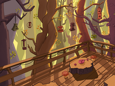 Fall Cabin Porch animation autumn birdhouses cabin cartoon fall forest illustration mountains procreate visual development woods