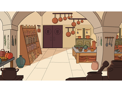 Copper Kitchen fit for a palace 2d background animation background cartoon cooking copper cuisine design food illustration kitchen medieval old fashioned pans pots procreate vis dev visual development