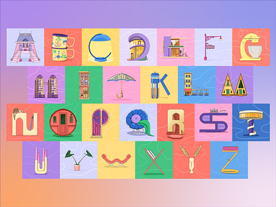 Dream homes and items - Alphabet 2021 26daysoftype alphabet architecture buildings cartoon decor design illustration pastel procreate prop design typogaphy visual development