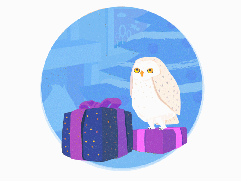 Hedwig on Christmas Morning animal christmas fanart fire gif harry potter hedwig holiday illustration owl presents vector