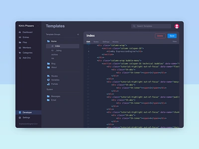 Template Editor - EE 6 Concept admin clean cms code code editor control panel dark theme design eecms expressionengine file tree template builder ui