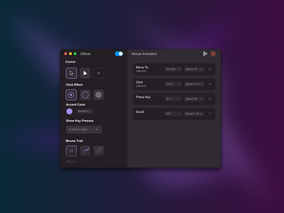 Mouse Utility App animation app clean cursor dark theme design mac app minimal mouse purple screen recording screencast ui utilities