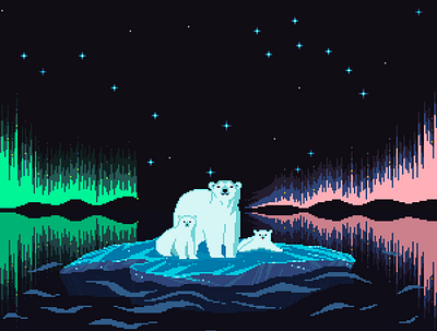 The Long Night aurora illustration northernlights pixel pixelart pixelartist pixels polarbear ursa ursamajor ursaminor