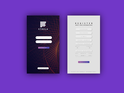 Strela - Login and register screen