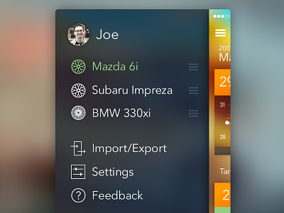 Menu blur cars export feedback green icons import ios menu orange settings ui