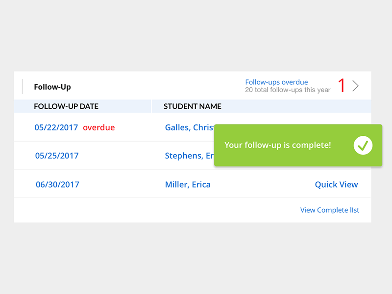 Follow-Up enterprise ux quickview overdue confirmation dashboard